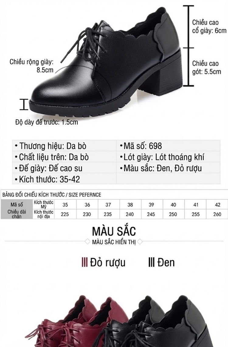 Giày Da Bò Nữ Cao Gót Chiều Cao Đế Khoảng 4cm Màu Đen, Đỏ chi tiết 2