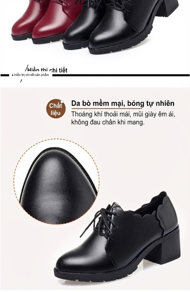 Giày Da Bò Nữ Cao Gót Chiều Cao Đế Khoảng 4cm Màu Đen, Đỏ chi tiết 3
