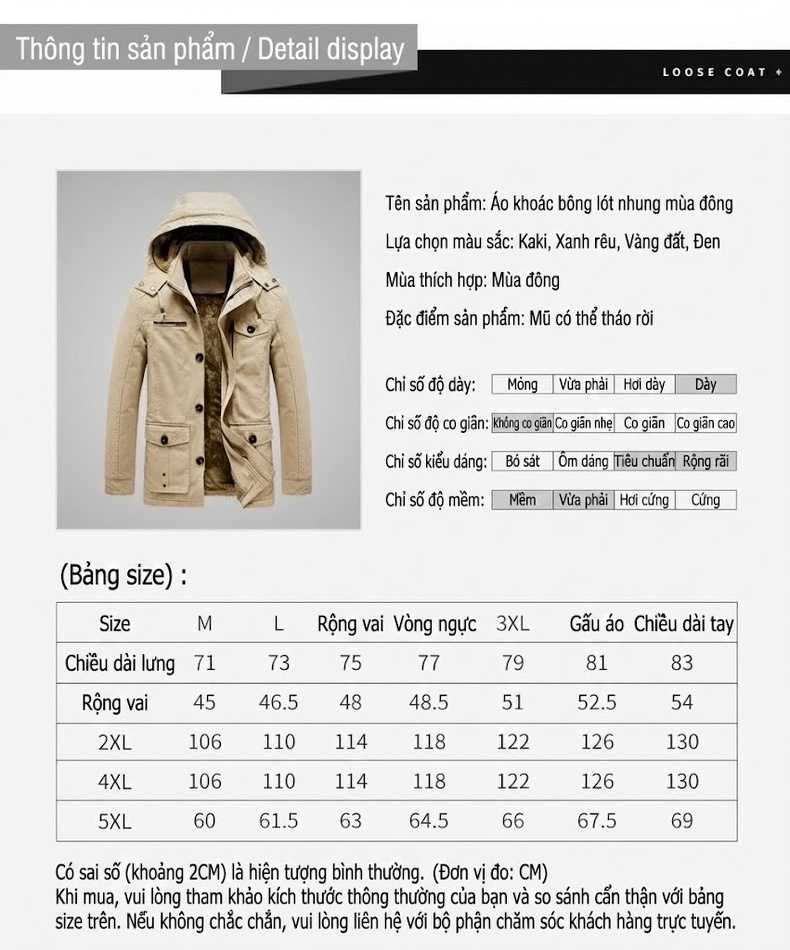 Áo Khoác Nam Cotton Dáng Dài Lót Lông Dày Dặn Màu Xanh, Kem, Nâu, Đen chi tiết 2
