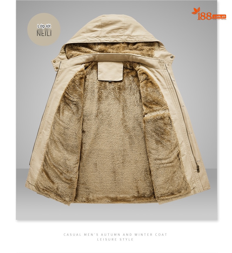 Áo Khoác Nam Cotton Dáng Dài Lót Lông Dày Dặn Màu Xanh, Kem, Nâu, Đen chi tiết 10