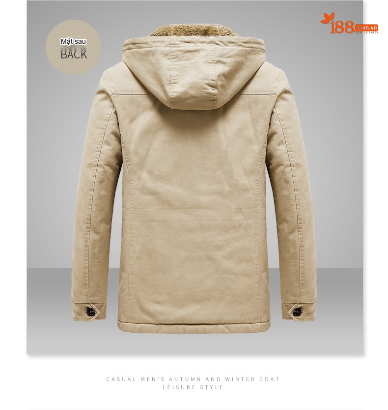 Áo Khoác Nam Cotton Dáng Dài Lót Lông Dày Dặn Màu Xanh, Kem, Nâu, Đen chi tiết 11