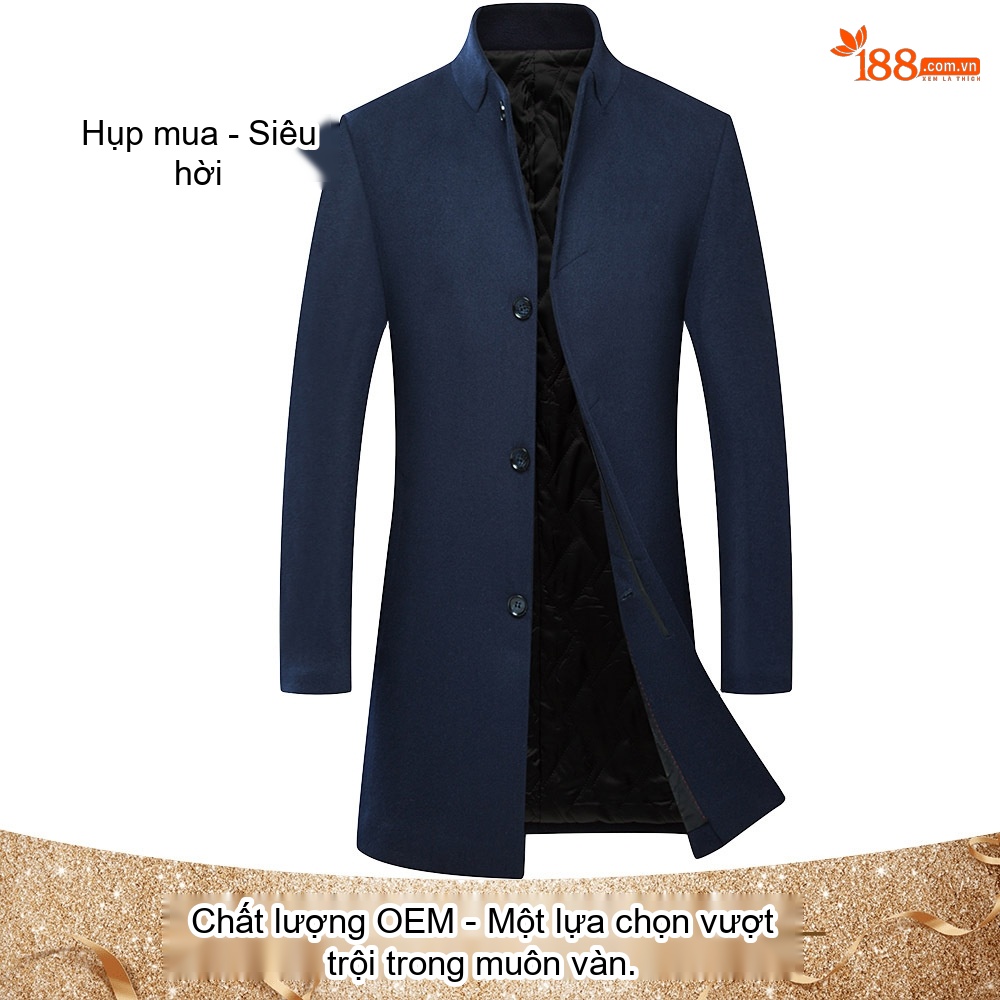 Áo Khoác Dạ Nam Trung Dài Tay Dài Cổ Trụ Dáng Ôm Màu Xanh Navy, Xám