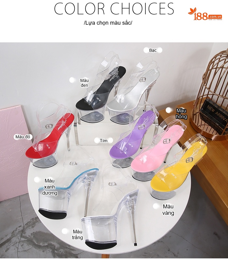 Giày Sandal Cao Gót Nữ Quai Trong Suốt Gót Nhọn Đế Xuồng Gót Cao 17cm Màu Đen, Đỏ, Trắng, Xanh... chi tiết 2