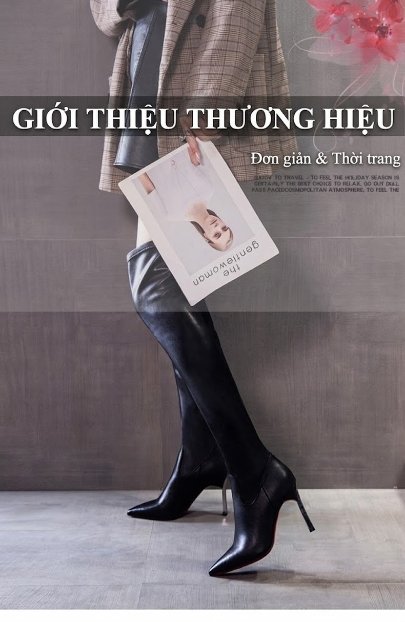 Boot Nữ Da Bóng Cổ Cao Gót Nhọn Chiều Cao Đế Khoảng 8cm Màu Đen chi tiết 1