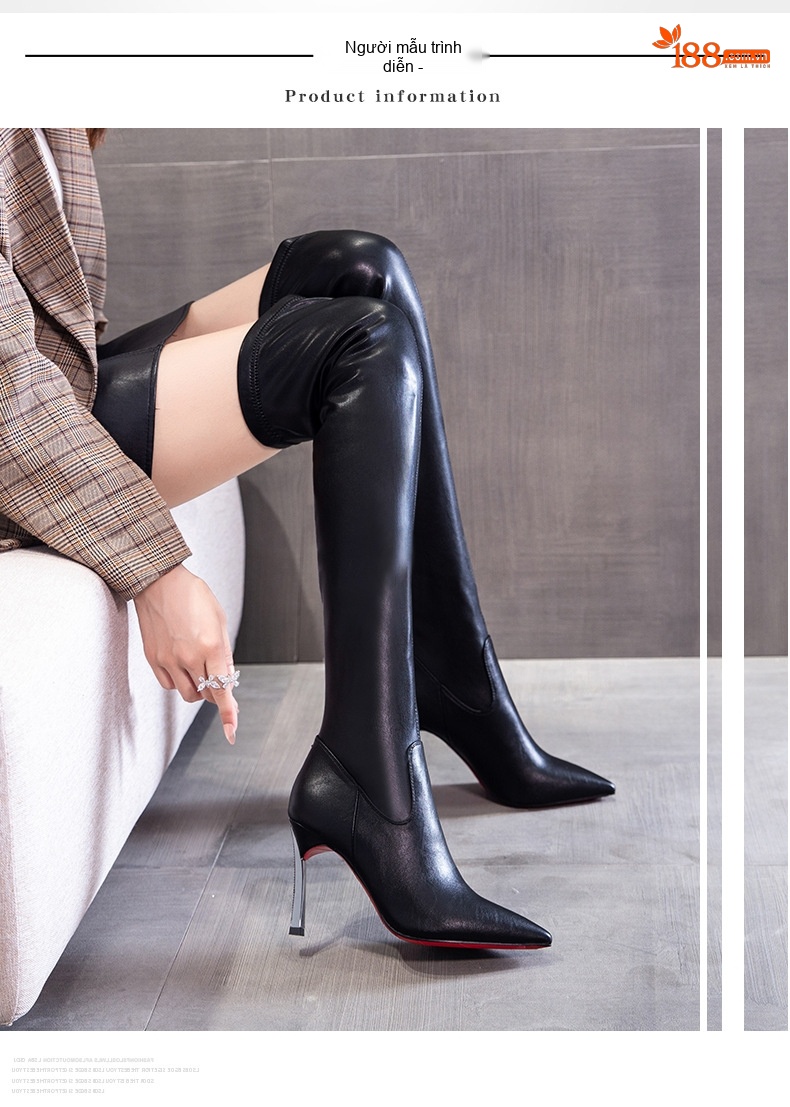 Boot Nữ Da Bóng Cổ Cao Gót Nhọn Chiều Cao Đế Khoảng 8cm Màu Đen chi tiết 7