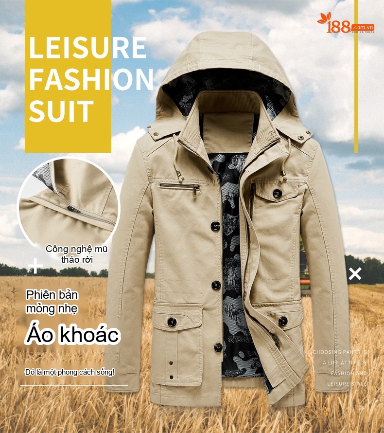 Áo Khoác Gió Nam Cotton Dáng Dài Vừa Thân Rộng Có Mũ Trùm Đầu Thu Đông Màu Đen, Be, Nâu, Xanh... chi tiết 1