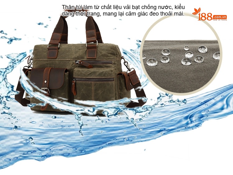 Túi Đựng Tài Liệu Nam Vải Canvas Phối Da Mờ Đeo Chéo Đựng Laptop Màu Nâu, Xanh Rêu chi tiết 3