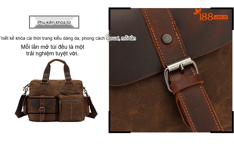 Túi Đựng Tài Liệu Nam Vải Canvas Phối Da Mờ Đeo Chéo Đựng Laptop Màu Nâu, Xanh Rêu chi tiết 11