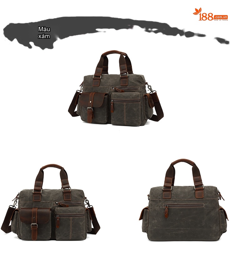 Túi Đựng Tài Liệu Nam Vải Canvas Phối Da Mờ Đeo Chéo Đựng Laptop Màu Nâu, Xanh Rêu chi tiết 8