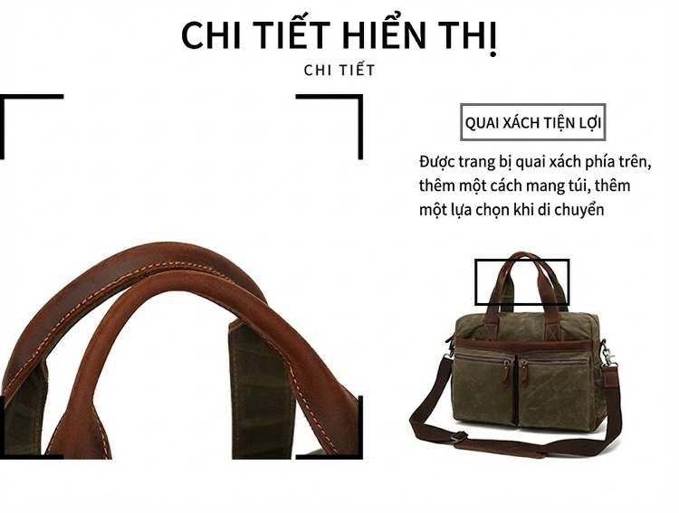 Túi Đeo Chéo Nam Vải Canvas Phối Da Túi Đựng Tài Liệu, Laptop Màu Xanh Rêu, Nâu chi tiết 10