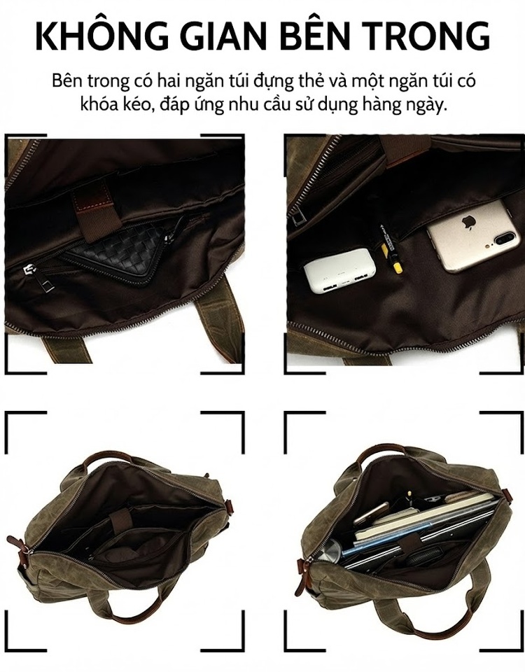 Túi Đeo Chéo Nam Vải Canvas Phối Da Túi Đựng Tài Liệu, Laptop Màu Xanh Rêu, Nâu chi tiết 13