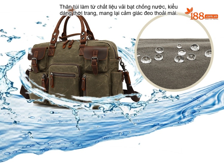 Túi Đựng Tài Liệu Nam Vải Canvas Phối Da Túi Đeo Chéo Đựng Laptop Màu Xanh Rêu, Nâu chi tiết 3