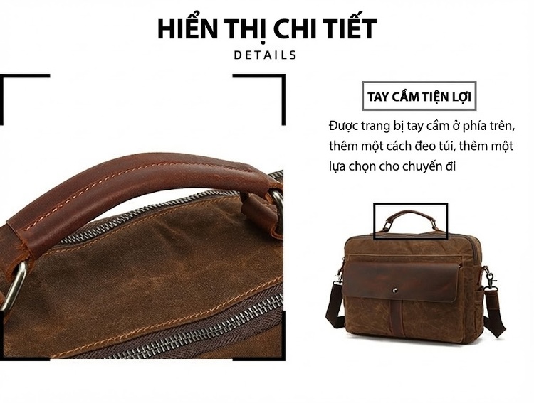 Túi Đeo Chéo Nam Vải Canvas Phối Da Thật Đựng Laptop Màu Nâu chi tiết 10