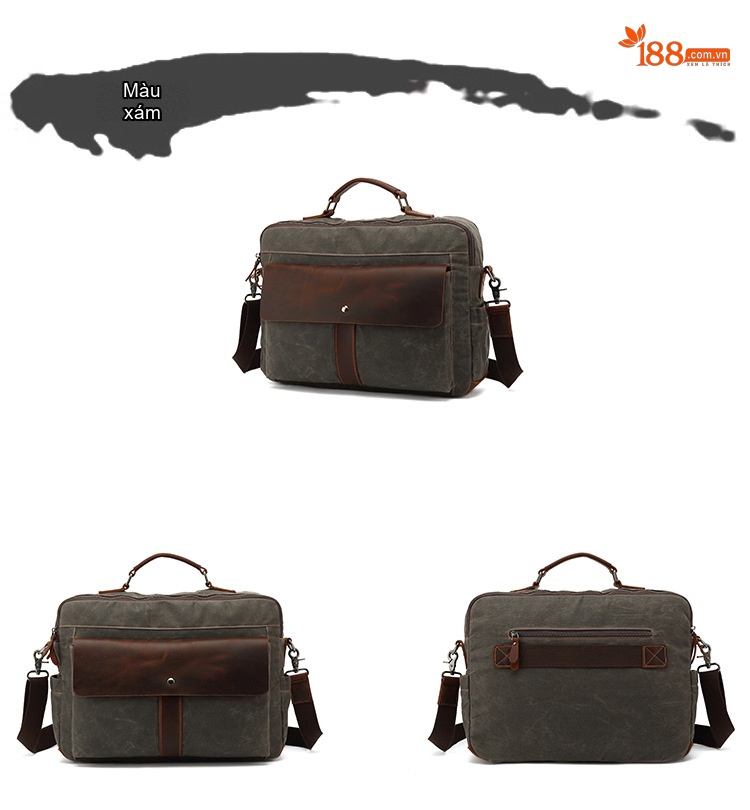 Túi Đeo Chéo Nam Vải Canvas Phối Da Thật Đựng Laptop Màu Nâu chi tiết 8