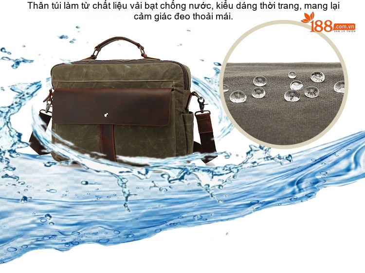 Túi Đeo Chéo Nam Vải Canvas Phối Da Thật Đựng Laptop Màu Nâu chi tiết 3