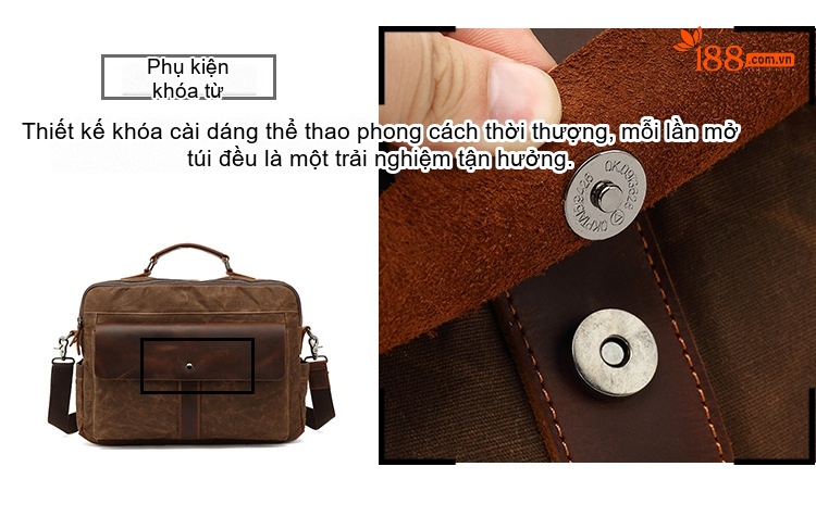 Túi Đeo Chéo Nam Vải Canvas Phối Da Thật Đựng Laptop Màu Nâu chi tiết 11