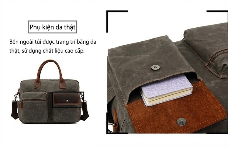 Túi Đeo Chéo Nam Nữ Vải Canvas Phối Da Thật Đựng Laptop Công Sở Du Lịch Màu Xám Khaki chi tiết 13