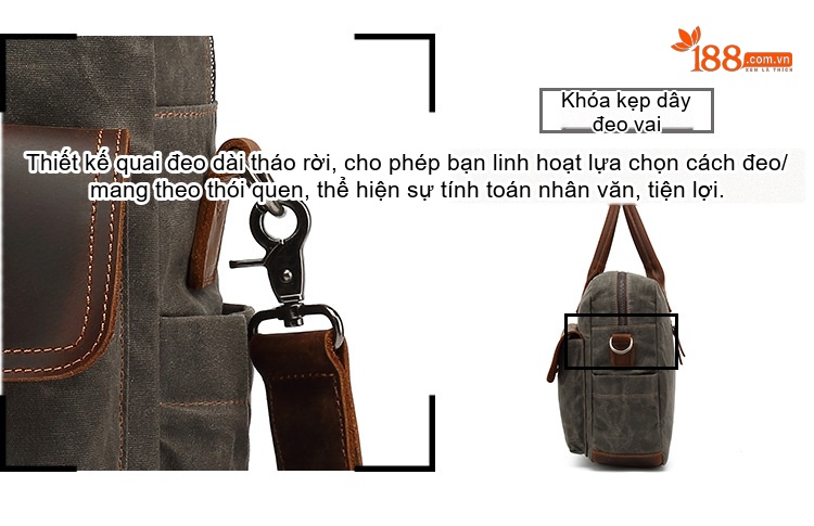 Túi Đeo Chéo Nam Nữ Vải Canvas Phối Da Thật Đựng Laptop Công Sở Du Lịch Màu Xám Khaki chi tiết 12