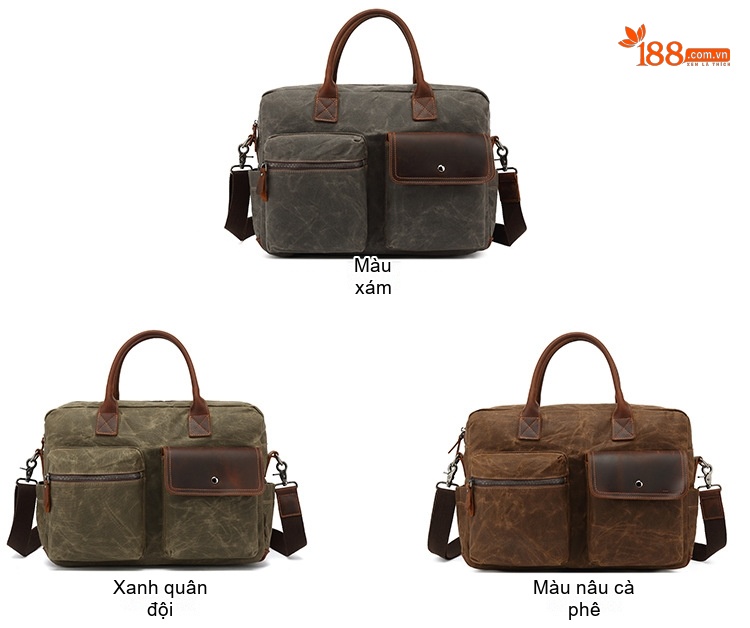 Túi Đeo Chéo Nam Nữ Vải Canvas Phối Da Thật Đựng Laptop Công Sở Du Lịch Màu Xám Khaki chi tiết 6