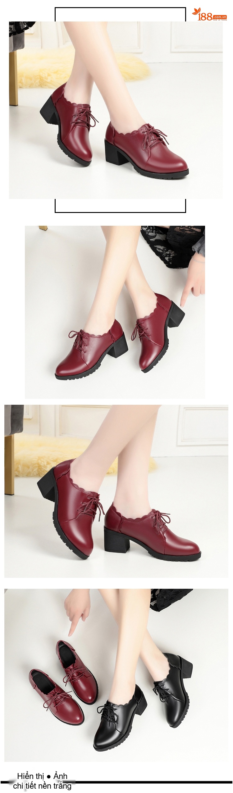 Giày Da Bò Nữ Cao Gót Chiều Cao Đế Khoảng 4cm Màu Đen, Đỏ chi tiết 9