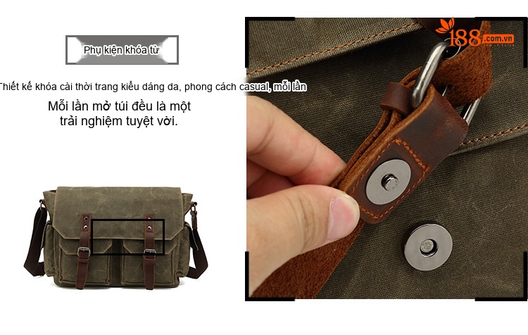 Túi Đeo Chéo Nam Vải Canvas Phối Da Túi Đựng Laptop Du Lịch Công Sở Màu Xanh Rêu, Nâu chi tiết 12
