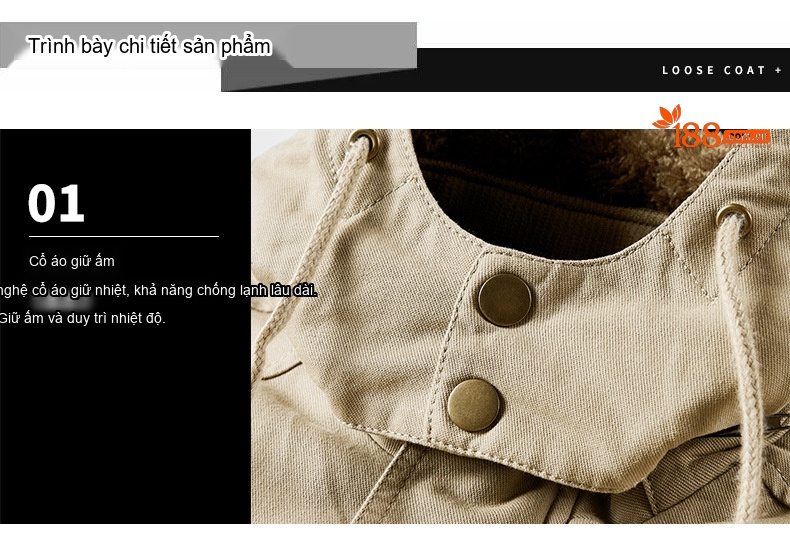 Áo Khoác Nam Cotton Dáng Dài Lót Lông Dày Dặn Màu Xanh, Kem, Nâu, Đen chi tiết 15