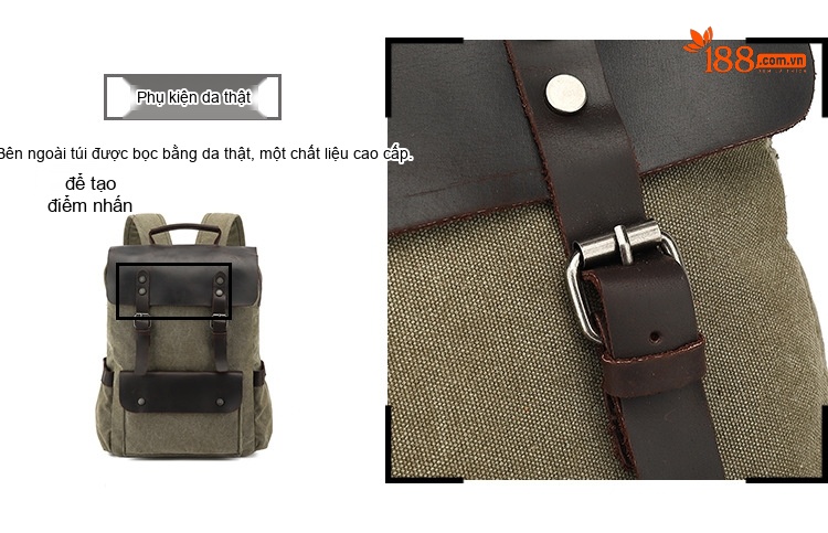 Balo Du Lịch Vải Canvas Chống Thấm Nước Da Bò Ngăn Laptop Màu Xám, Xanh, Nâu, Be chi tiết 12