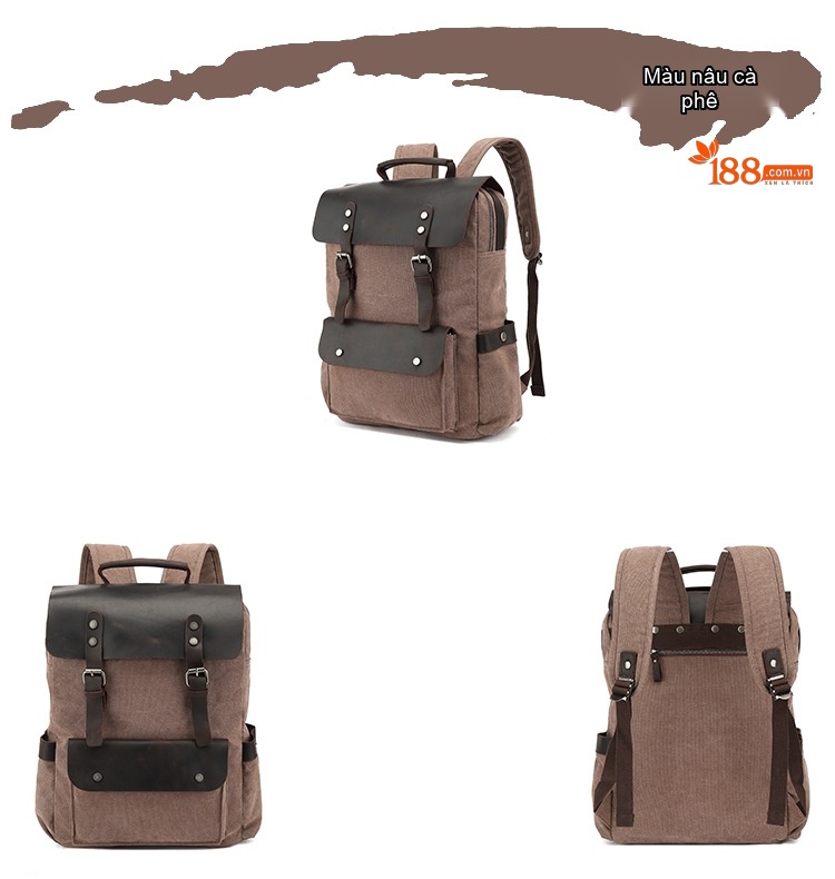 Balo Du Lịch Vải Canvas Chống Thấm Nước Da Bò Ngăn Laptop Màu Xám, Xanh, Nâu, Be chi tiết 4