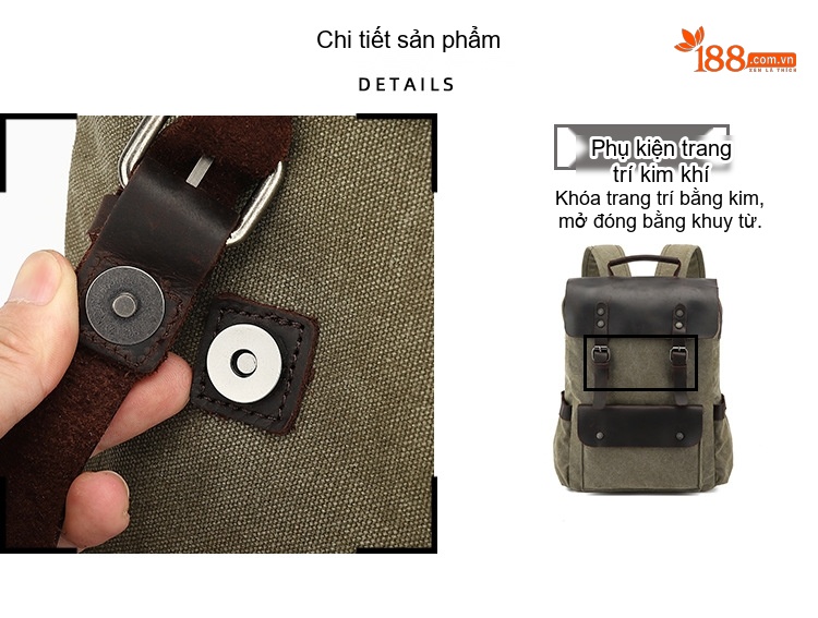 Balo Du Lịch Vải Canvas Chống Thấm Nước Da Bò Ngăn Laptop Màu Xám, Xanh, Nâu, Be chi tiết 9