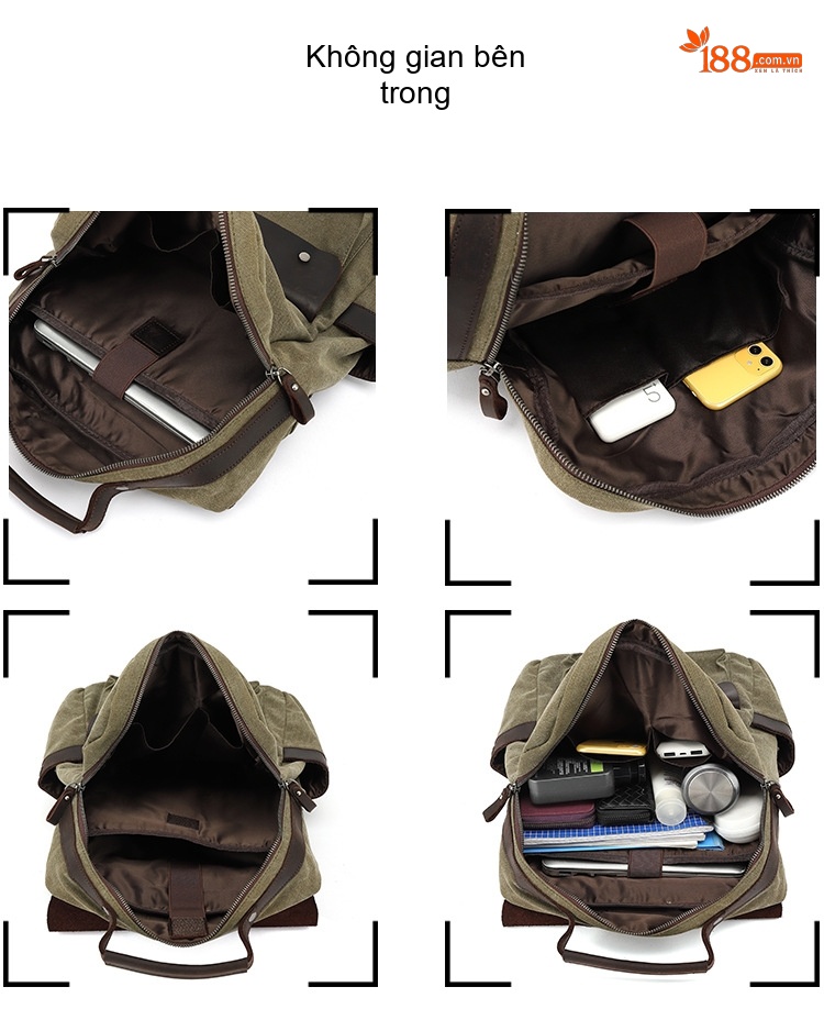 Balo Du Lịch Vải Canvas Chống Thấm Nước Da Bò Ngăn Laptop Màu Xám, Xanh, Nâu, Be chi tiết 13