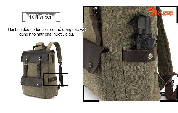 Balo Du Lịch Vải Canvas Chống Thấm Nước Da Bò Ngăn Laptop Màu Xám, Xanh, Nâu, Be chi tiết 10