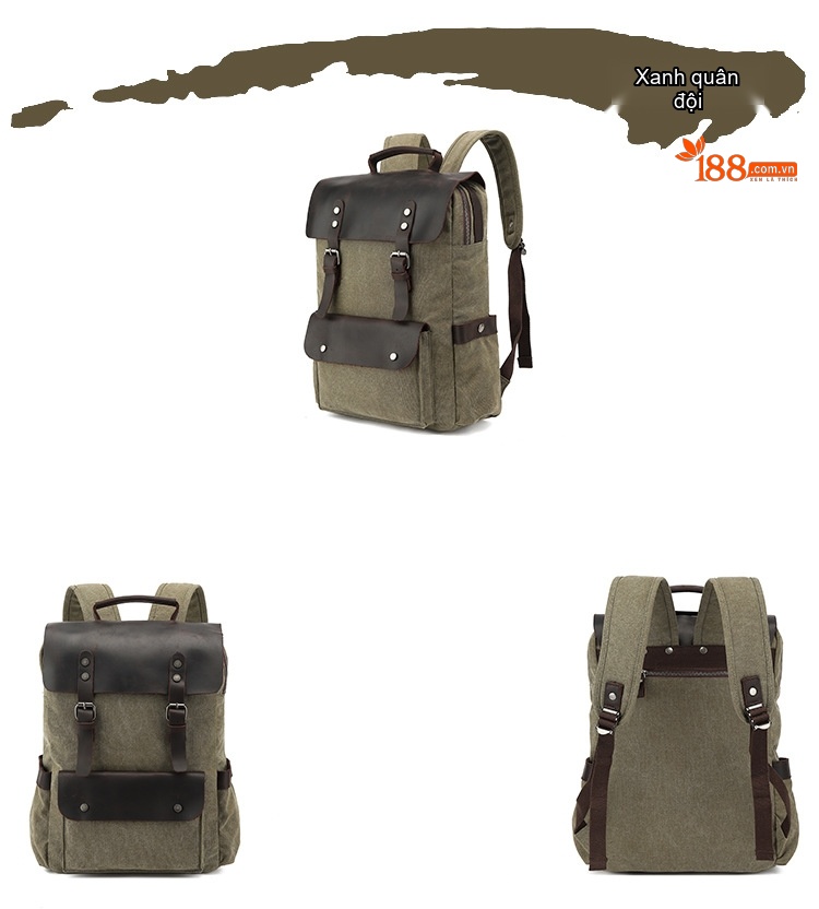 Balo Du Lịch Vải Canvas Chống Thấm Nước Da Bò Ngăn Laptop Màu Xám, Xanh, Nâu, Be chi tiết 6