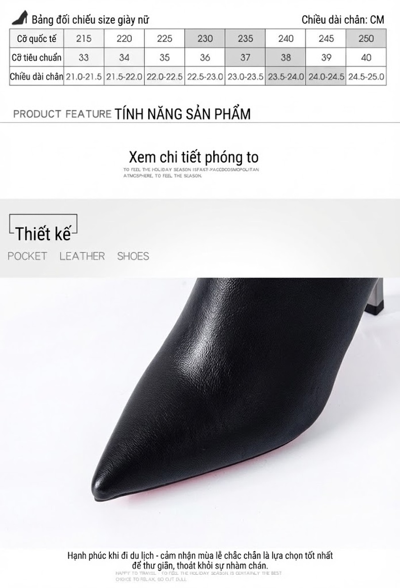 Boot Nữ Da Bóng Cổ Cao Gót Nhọn Chiều Cao Đế Khoảng 8cm Màu Đen chi tiết 4
