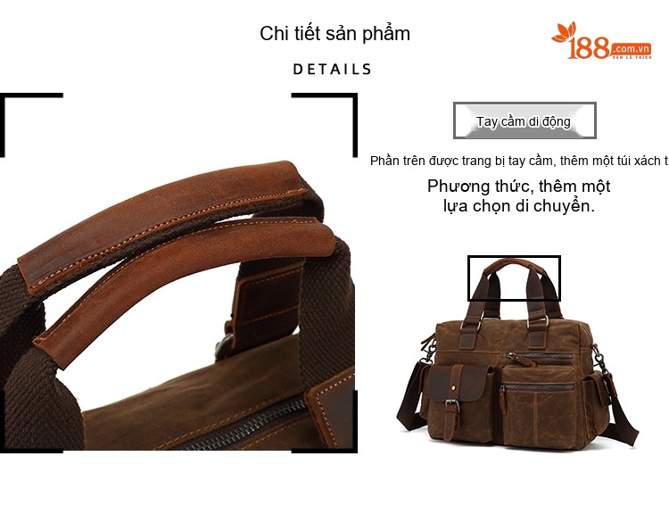 Túi Đựng Tài Liệu Nam Vải Canvas Phối Da Mờ Đeo Chéo Đựng Laptop Màu Nâu, Xanh Rêu chi tiết 10