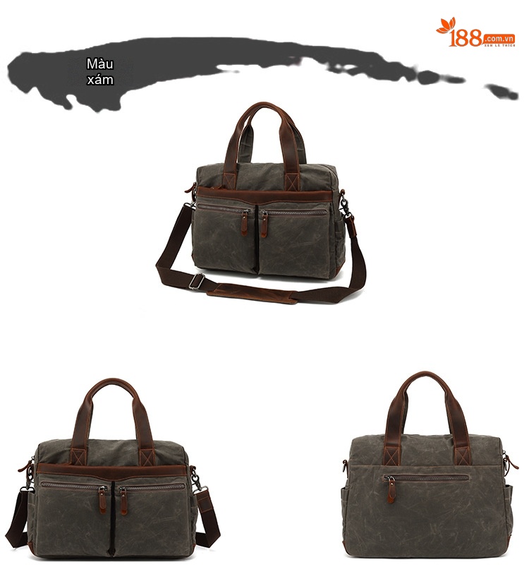 Túi Đeo Chéo Nam Vải Canvas Phối Da Túi Đựng Tài Liệu, Laptop Màu Xanh Rêu, Nâu chi tiết 8