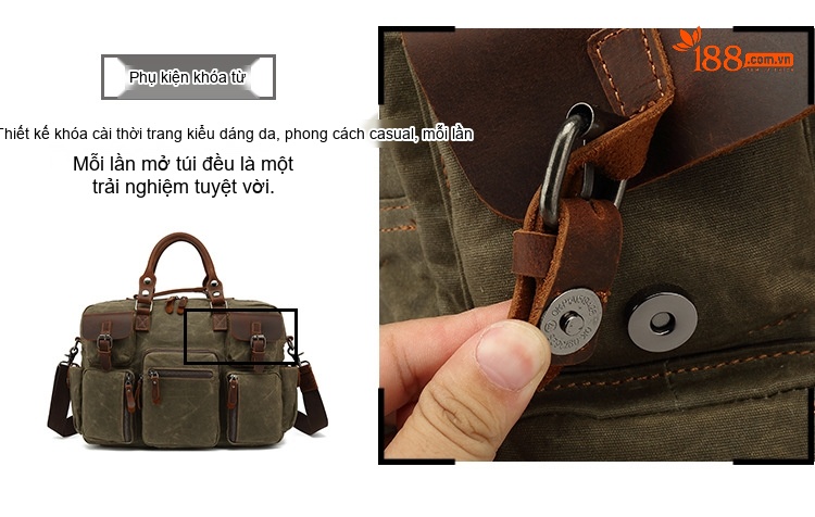 Túi Đựng Tài Liệu Nam Vải Canvas Phối Da Túi Đeo Chéo Đựng Laptop Màu Xanh Rêu, Nâu chi tiết 10