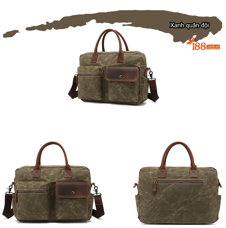 Túi Đeo Chéo Nam Nữ Vải Canvas Phối Da Thật Đựng Laptop Công Sở Du Lịch Màu Xám Khaki chi tiết 9