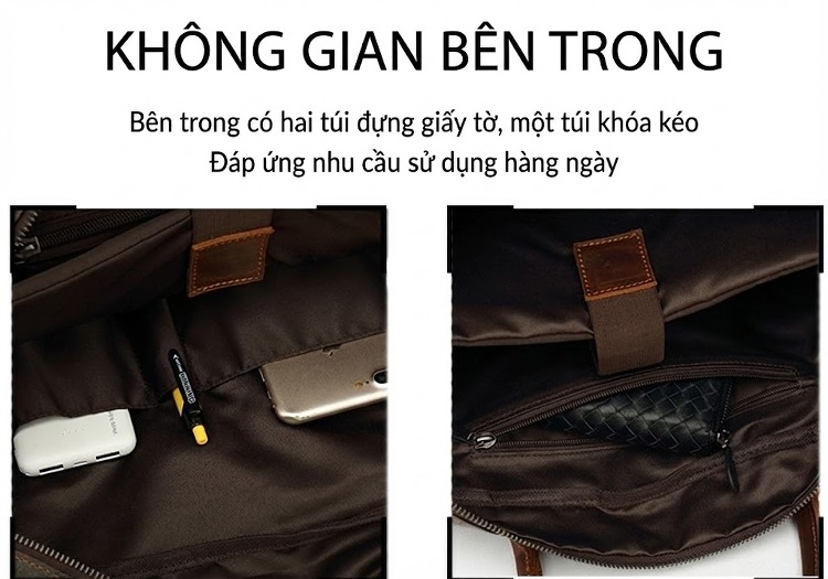 Túi Đeo Chéo Nam Nữ Vải Canvas Phối Da Thật Đựng Laptop Công Sở Du Lịch Màu Xám Khaki chi tiết 14