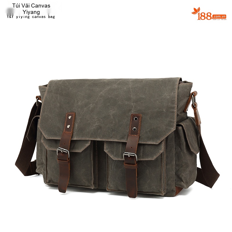 Túi Đeo Chéo Nam Vải Canvas Phối Da Túi Đựng Laptop Du Lịch Công Sở Màu Xanh Rêu, Nâu