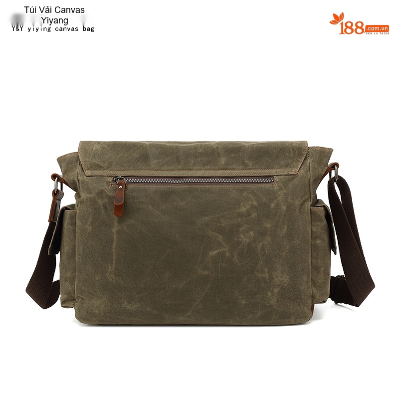 Túi Đeo Chéo Nam Vải Canvas Phối Da Túi Đựng Laptop Du Lịch Công Sở Màu Xanh Rêu, Nâu