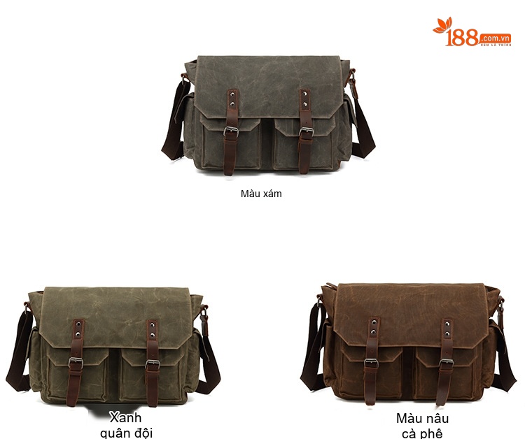 Túi Đeo Chéo Nam Vải Canvas Phối Da Túi Đựng Laptop Du Lịch Công Sở Màu Xanh Rêu, Nâu chi tiết 8