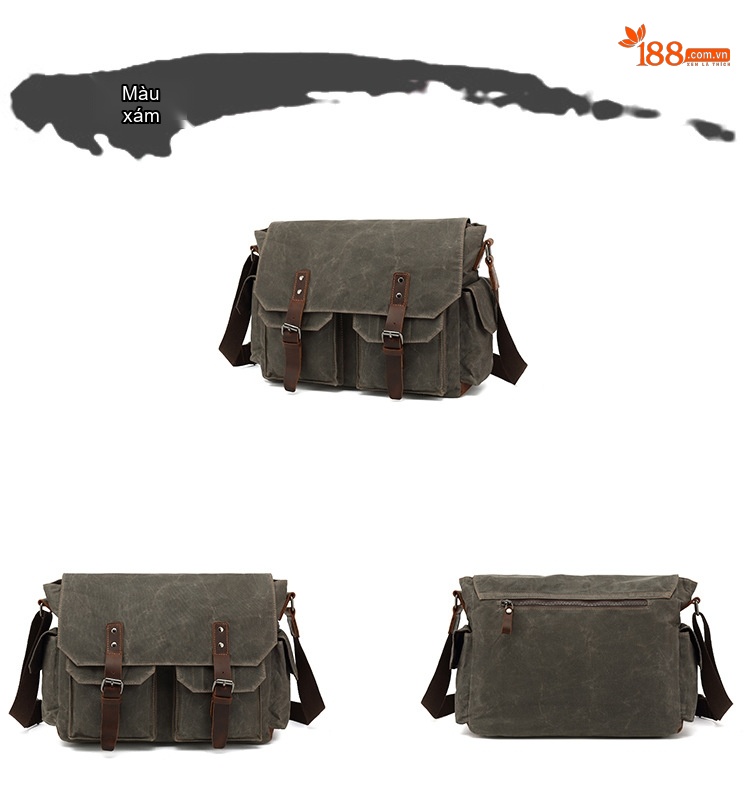 Túi Đeo Chéo Nam Vải Canvas Phối Da Túi Đựng Laptop Du Lịch Công Sở Màu Xanh Rêu, Nâu chi tiết 10