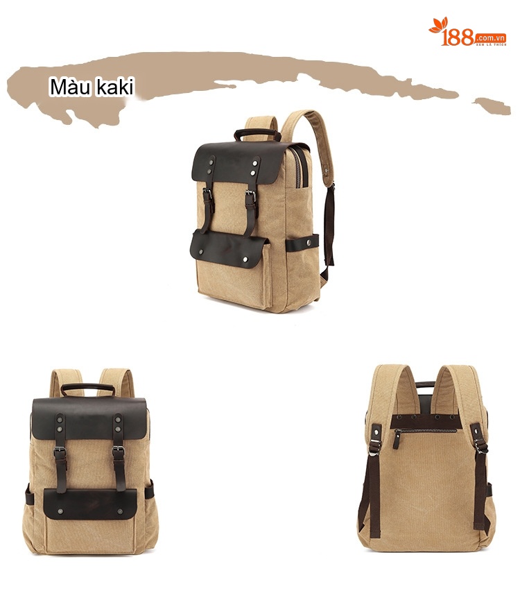 Balo Du Lịch Vải Canvas Chống Thấm Nước Da Bò Ngăn Laptop Màu Xám, Xanh, Nâu, Be chi tiết 7