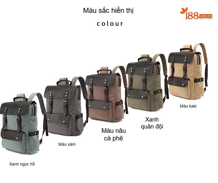 Balo Du Lịch Vải Canvas Chống Thấm Nước Da Bò Ngăn Laptop Màu Xám, Xanh, Nâu, Be chi tiết 3