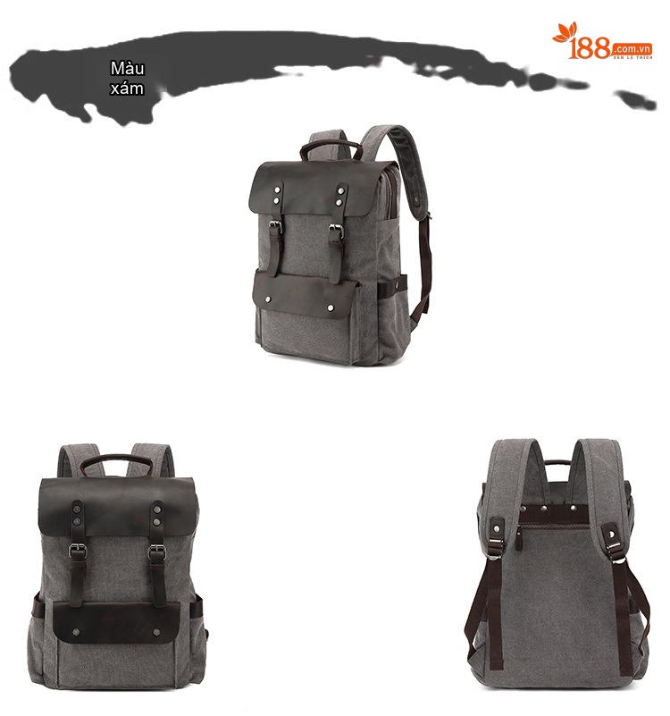 Balo Du Lịch Vải Canvas Chống Thấm Nước Da Bò Ngăn Laptop Màu Xám, Xanh, Nâu, Be chi tiết 5