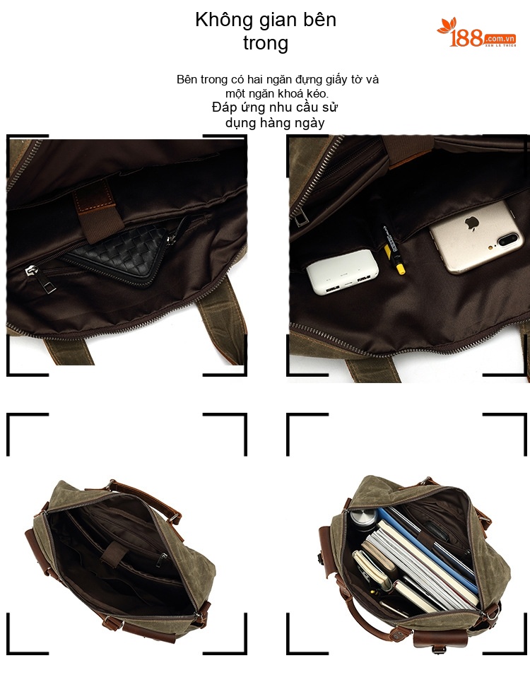 Túi Đựng Tài Liệu Nam Vải Canvas Phối Da Túi Đeo Chéo Đựng Laptop Màu Xanh Rêu, Nâu chi tiết 13