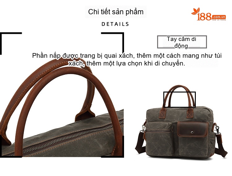 Túi Đeo Chéo Nam Nữ Vải Canvas Phối Da Thật Đựng Laptop Công Sở Du Lịch Màu Xám Khaki chi tiết 10