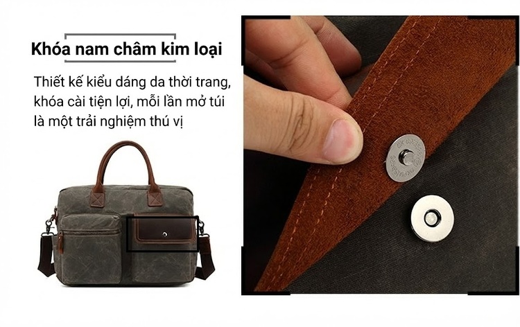 Túi Đeo Chéo Nam Nữ Vải Canvas Phối Da Thật Đựng Laptop Công Sở Du Lịch Màu Xám Khaki chi tiết 11