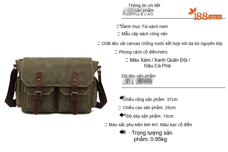 Túi Đeo Chéo Nam Vải Canvas Phối Da Túi Đựng Laptop Du Lịch Công Sở Màu Xanh Rêu, Nâu chi tiết 5