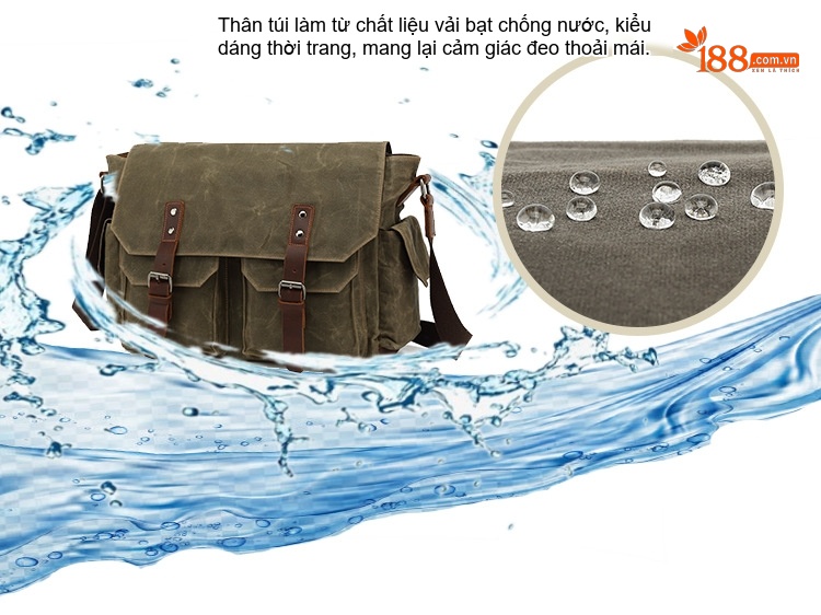 Túi Đeo Chéo Nam Vải Canvas Phối Da Túi Đựng Laptop Du Lịch Công Sở Màu Xanh Rêu, Nâu chi tiết 4